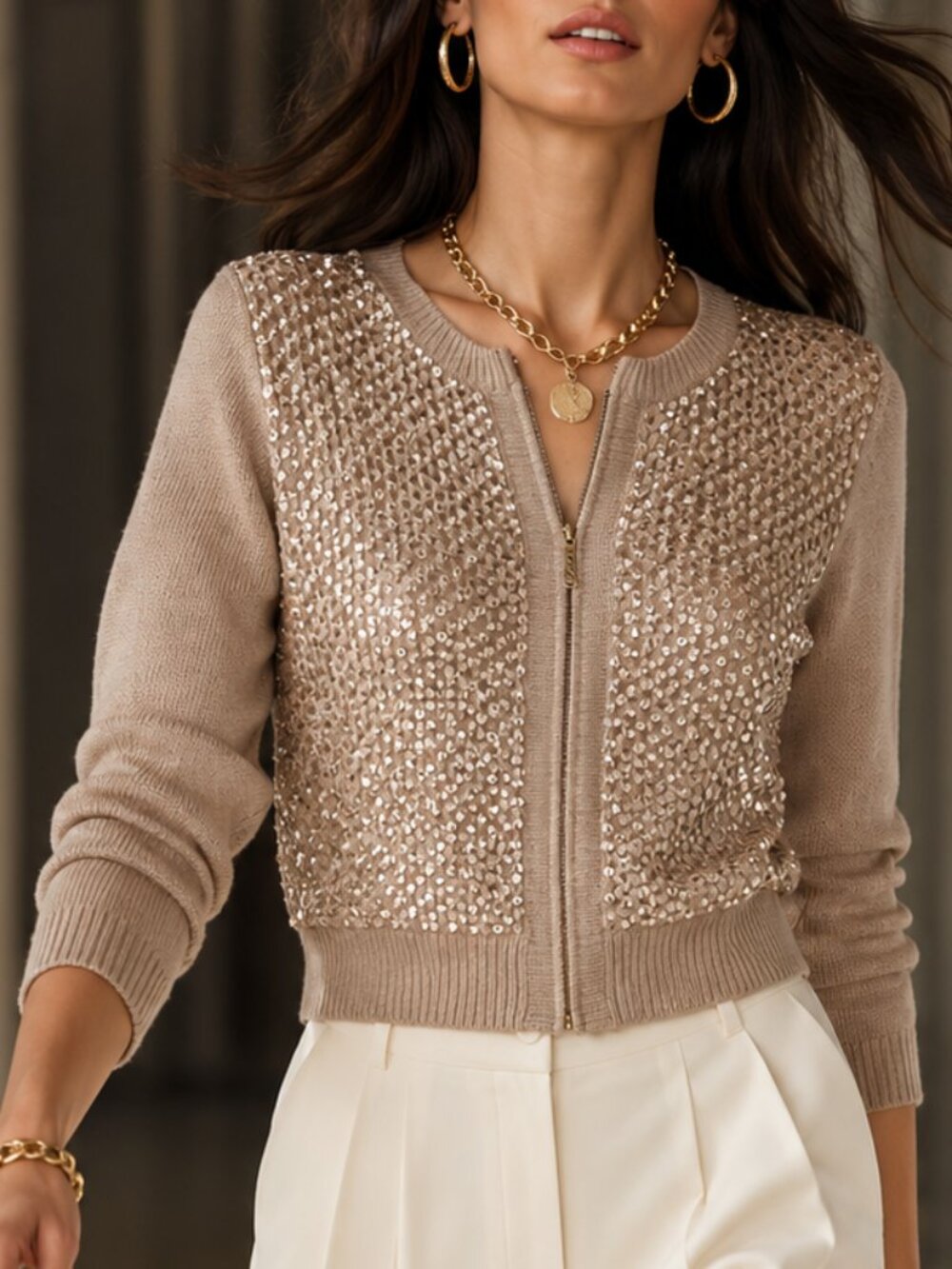DEPT Sequin Zip Cardigan Sweater Light Mocha Soft Knit Est S New